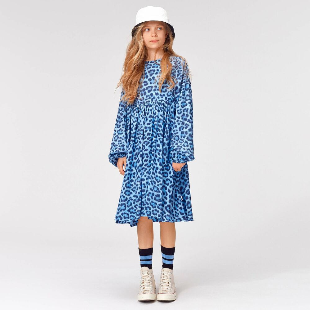 Molo “Caly” Blue Jaguar Print Balloon Sleeve Shift Dress Girls Size 14-16